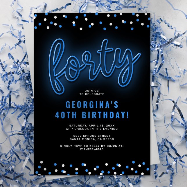 Blue Neon Forty Birthday Invitation (Creator Uploaded)