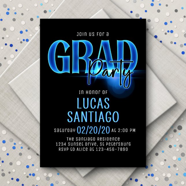 Blue Neon Graduation Grad Party Invitation (Creator Uploaded)