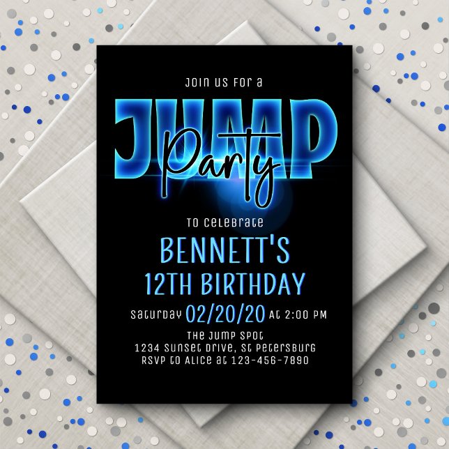 Blue Neon Jump Party Birthday Invitation (Creator Uploaded)