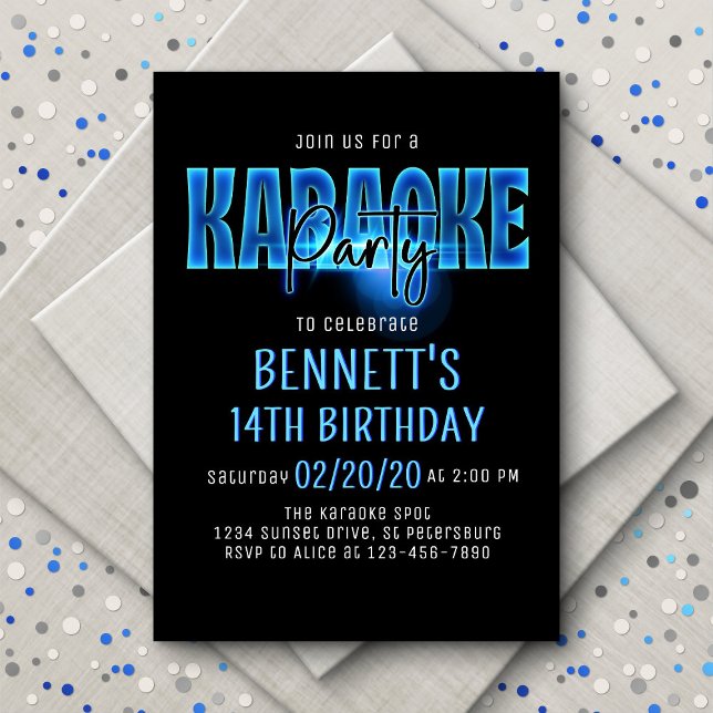 Blue Neon Karaoke Party Birthday Invitation (Creator Uploaded)