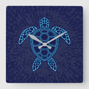 Blue Neon Lava Sea Turtle Symmetrical Design Square Wall Clock