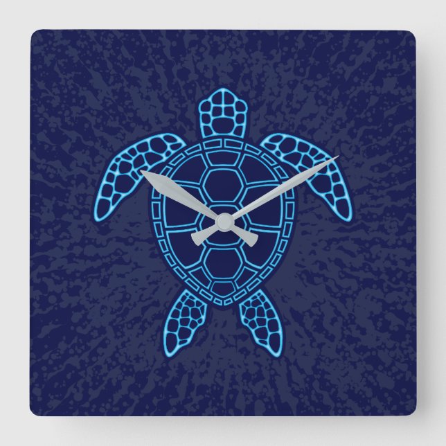 Blue Neon Lava Sea Turtle Symmetrical Design Square Wall Clock (Front)