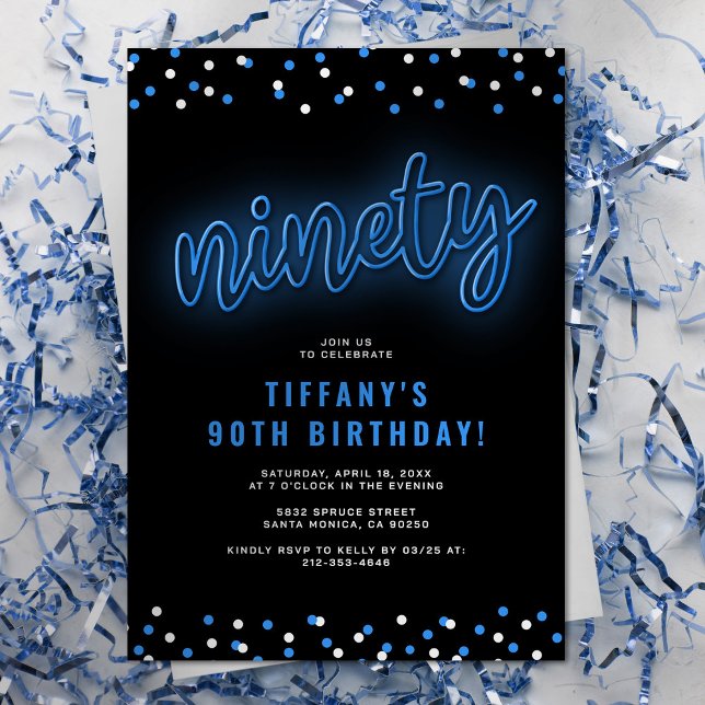 Blue Neon Ninety Birthday Invitation (Creator Uploaded)