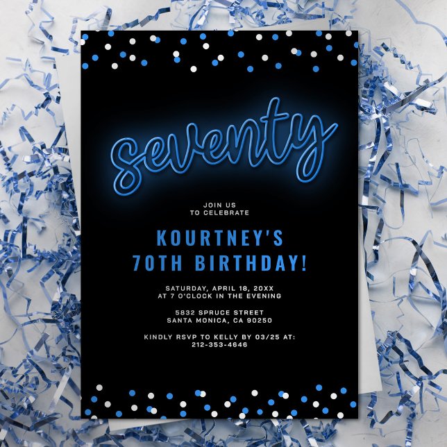 Blue Neon Seventy Birthday Invitation (Creator Uploaded)