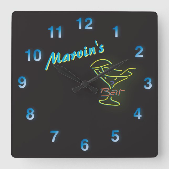 Blue Neon Sign Customisable Mancave Tavern Square Wall Clock (Front)