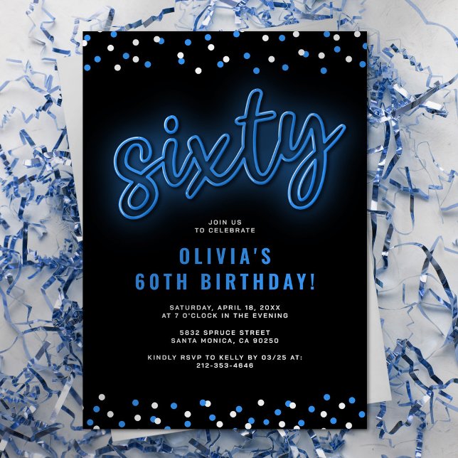 Blue Neon Sixty Birthday Invitation (Creator Uploaded)