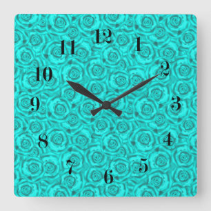 blue neon square wall clock