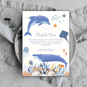 Blue Neutral Ocean Dolphin Whale Boy Baby Shower Thank You Card