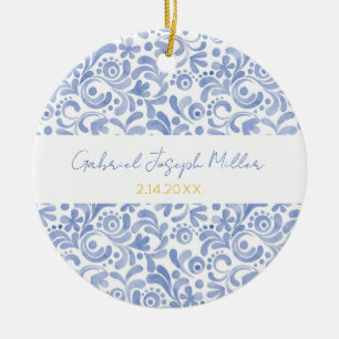 Blue New Baby Boy NAME BIRTH DATE Art Keepsake Ceramic Tree Decoration