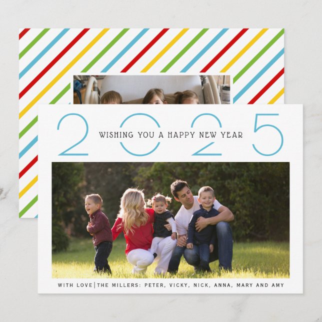 Blue New Year 2025 colourful stripes simple photo Holiday Card (Front/Back)
