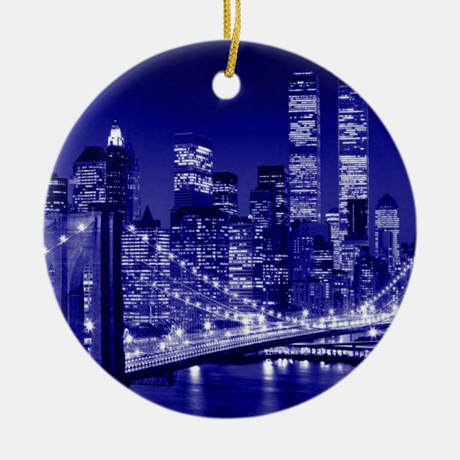 Blue New York City Night Ceramic Tree Decoration (Front)