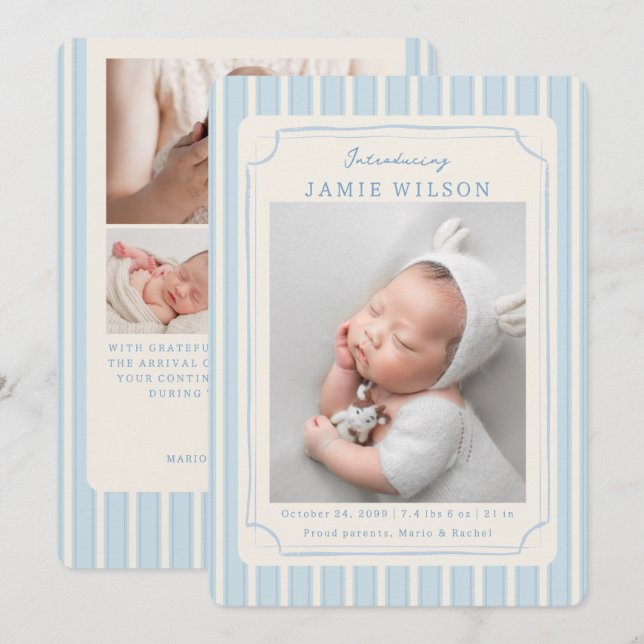 Blue Newborn Birth Photo Collage Baby Boy  Announcement (Front/Back)