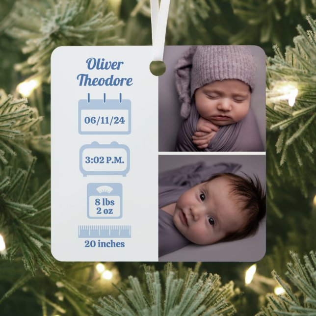 Blue Newborn Birth Stats  Metal Tree Decoration (Insitu)