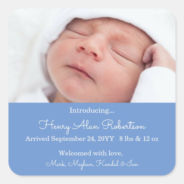 Blue Newborn Photo Birth Announcement Baby Boy Square Sticker (Front)