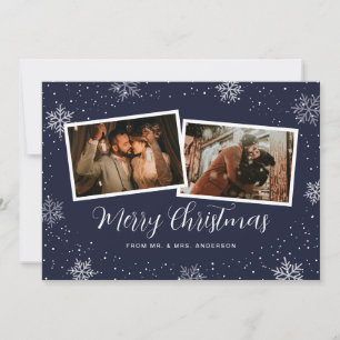 Blue Newlywed 2 Photo Snowflake Snow Christmas Holiday Card