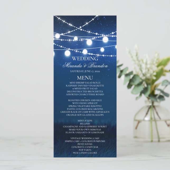 Blue Night and Silver Lights Wedding Menu Card (Standing Front)