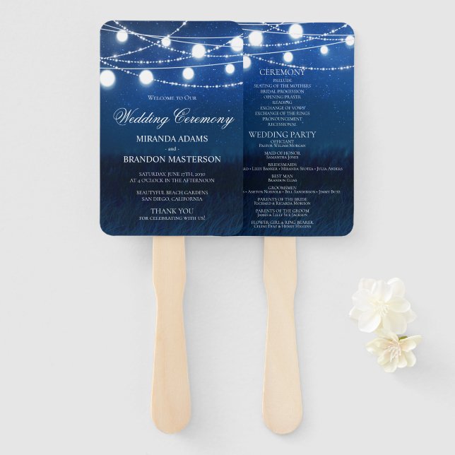 Blue Night and Silver Lights Wedding Program Hand Fan (Front and Back)