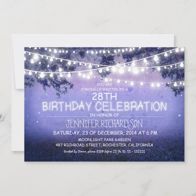 blue night & garden lights birthday invitations (Front)
