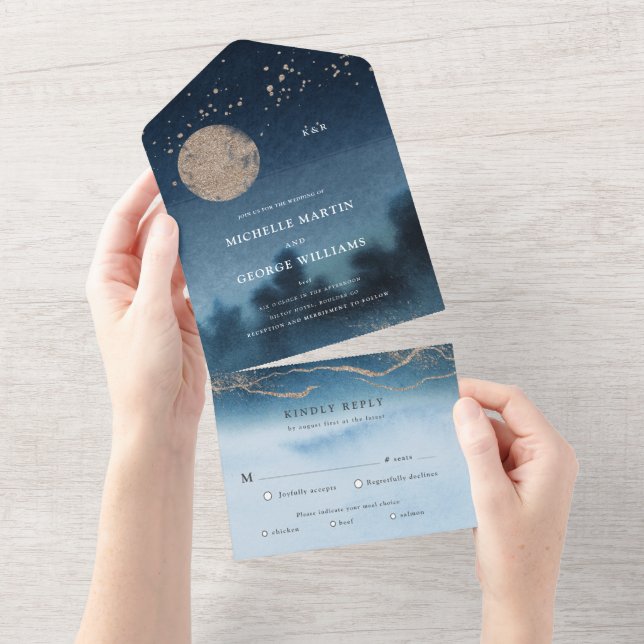 Blue Night Landscape Wedding All In One Invitation (Tearaway)