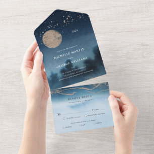 Blue Night Landscape Wedding All In One Invitation
