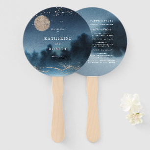 Blue Night Landscape Wedding Program Hand Fan