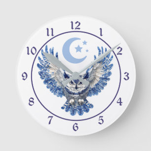 Blue Night Owl and Moon Round Clock