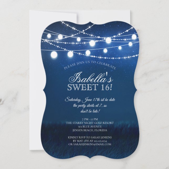 Blue Night & Silver String Lights 16 Birthday Invitation (Front)