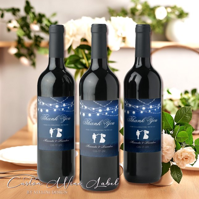 Blue Night & Silver String Lights Wedding Favour Wine Label (Creator Uploaded)