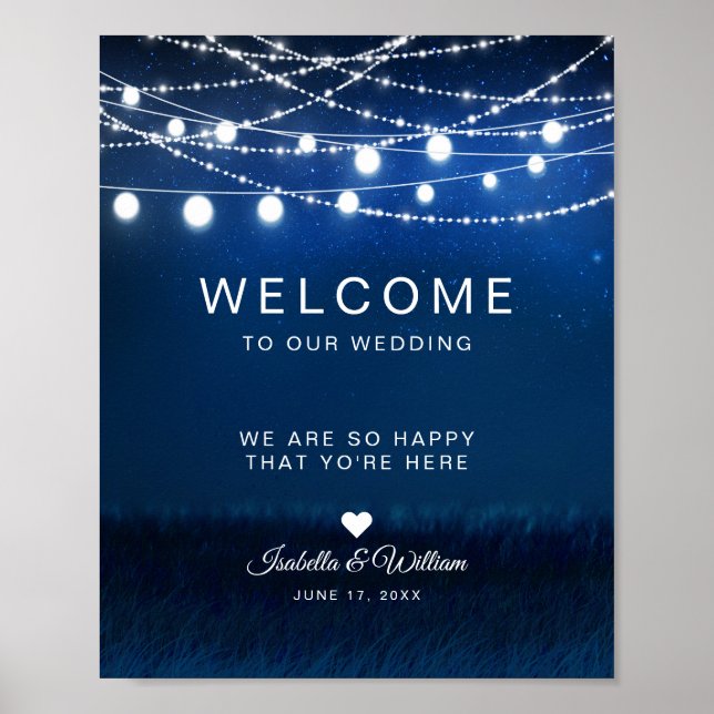 Blue Night & Silver String Lights Wedding Welcome Poster (Front)