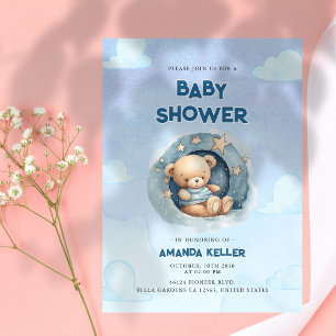 Blue Night Sky Baby Bear Shower Invitation