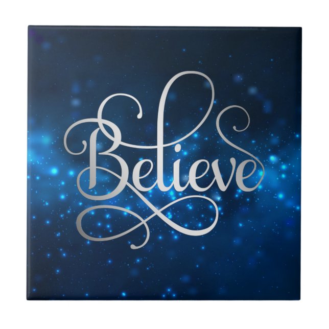 Blue Night Sky Stars Believe Christmas Tile (Front)