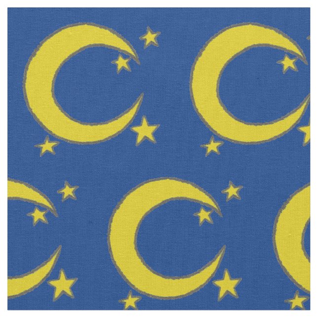Blue Night Sky Yellow Moon Stars Astronomy Fabric (Close Up)