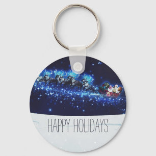 Blue Night With Santa Claus, Reindeer and Sleigh Key Ring