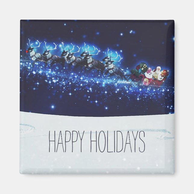 Blue Night With Santa Claus, Reindeer and Sleigh Magnet (Front)