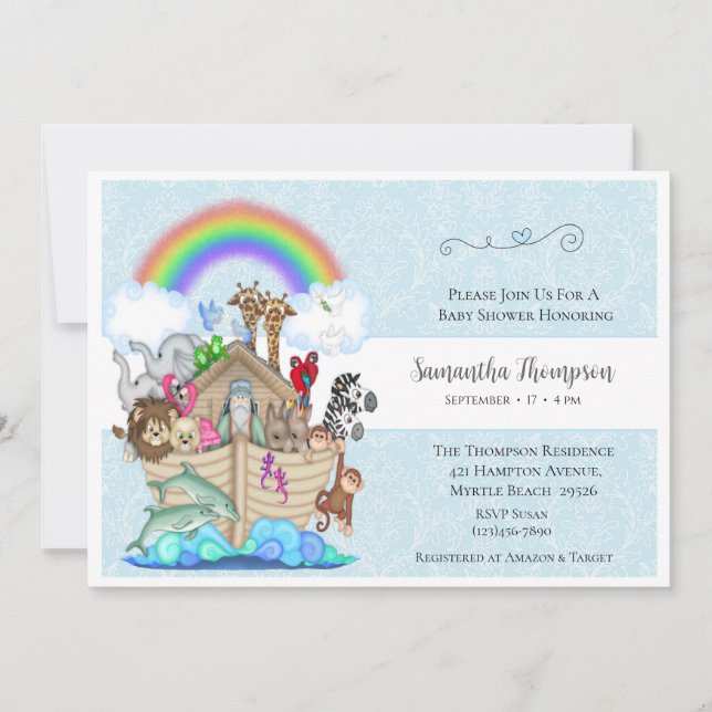 Blue Noah's Ark Baby Shower Invitation (Front)