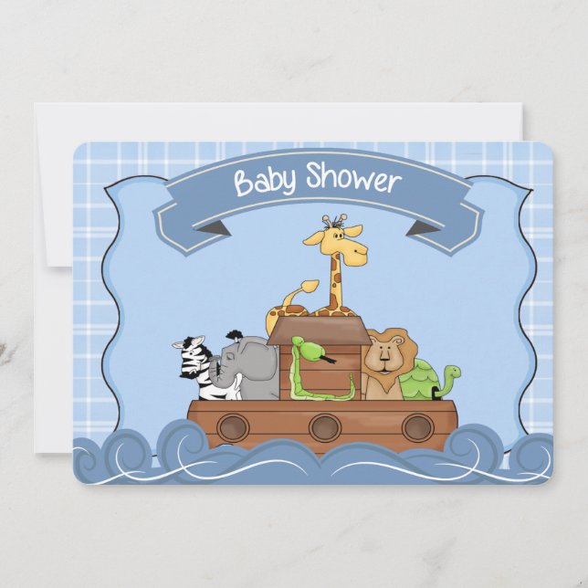 Blue Noah's Ark Baby Shower Invitation (Front)