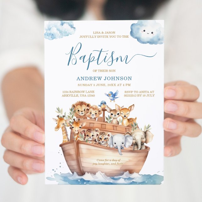 Blue Noah's Ark Cute Animals Watercolor Baptism Invitation (Creator Uploaded)