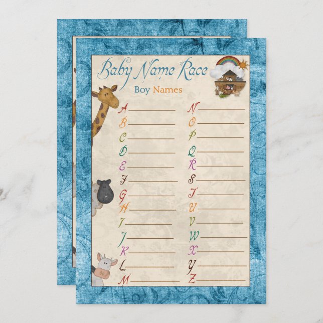 Blue Noah's Ark Name Race Baby Shower Games Invitation (Front/Back)
