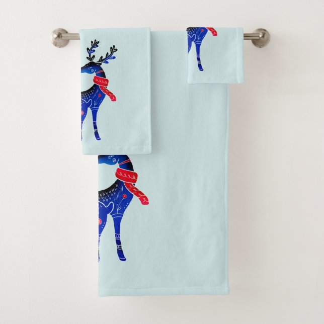 Blue Nordic Christmas Reindeer Pair Bath Towel Set (Insitu)