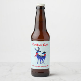Blue Nordic Christmas Reindeer Pair Beer Bottle Label