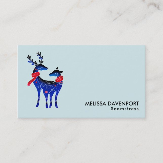 Blue Nordic Christmas Reindeer Pair Business Card (Front)