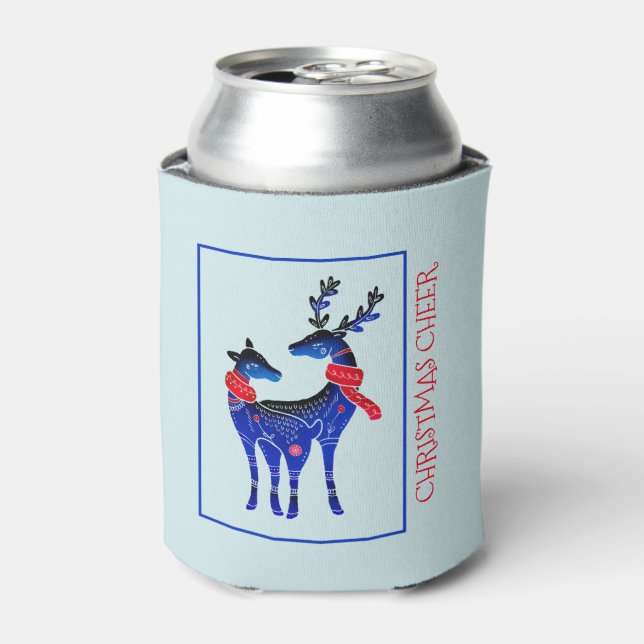 Blue Nordic Christmas Reindeer Pair Can Cooler (Can Front)