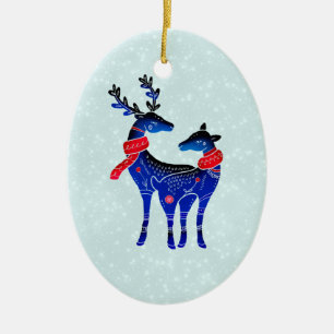 Blue Nordic Christmas Reindeer Pair Ceramic Tree Decoration