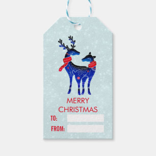 Blue Nordic Christmas Reindeer Pair Gift Tags