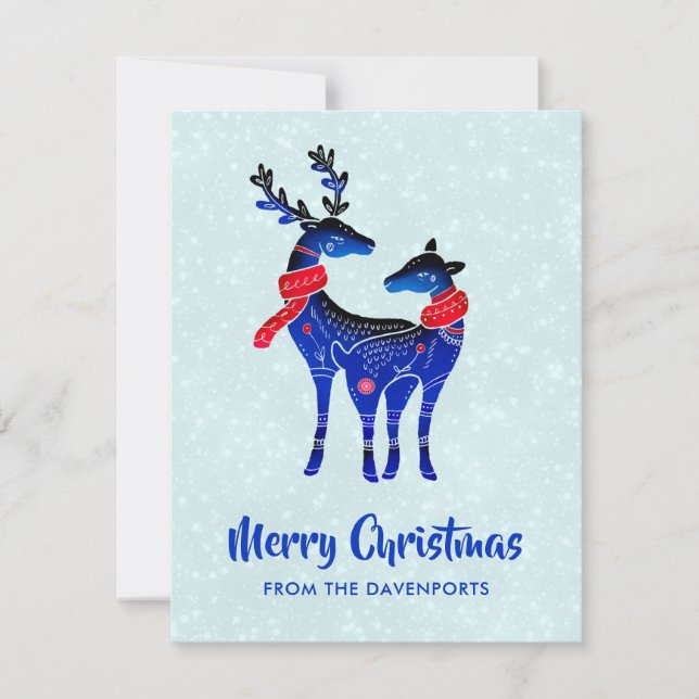 Blue Nordic Christmas Reindeer Pair Holiday Card (Front)