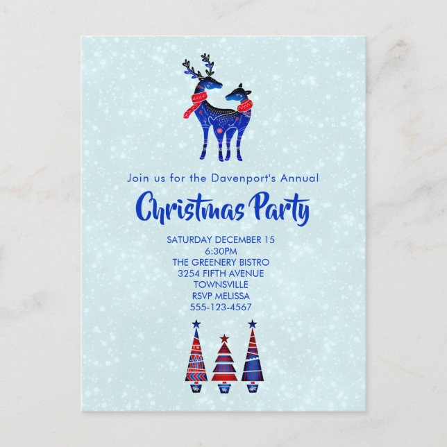 Blue Nordic Christmas Reindeer Pair Invitation Postcard (Front)