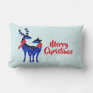 Blue Nordic Christmas Reindeer Pair Lumbar Cushion