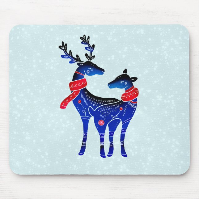 Blue Nordic Christmas Reindeer Pair Mouse Pad (Front)