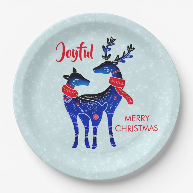 Blue Nordic Christmas Reindeer Pair Paper Plate (Front)