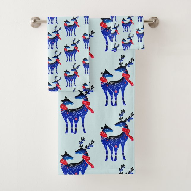 Blue Nordic Christmas Reindeer Pair Pattern Bath Towel Set (Insitu)